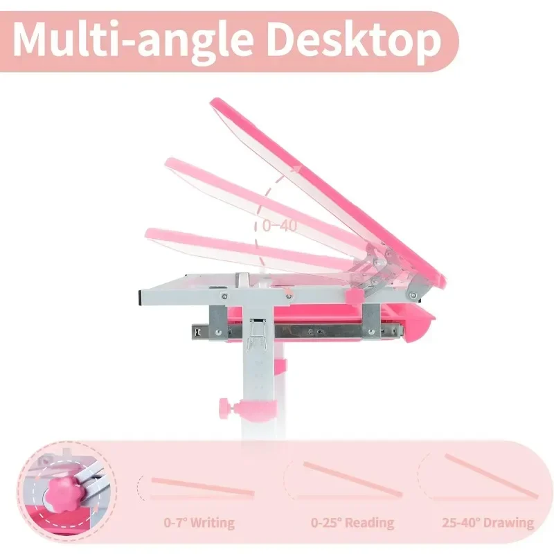Multifunctional Desk and Chair Set, Height Adjustable Children School Study Desk with Large Tilt Desktop, Metal Hook - Image 2