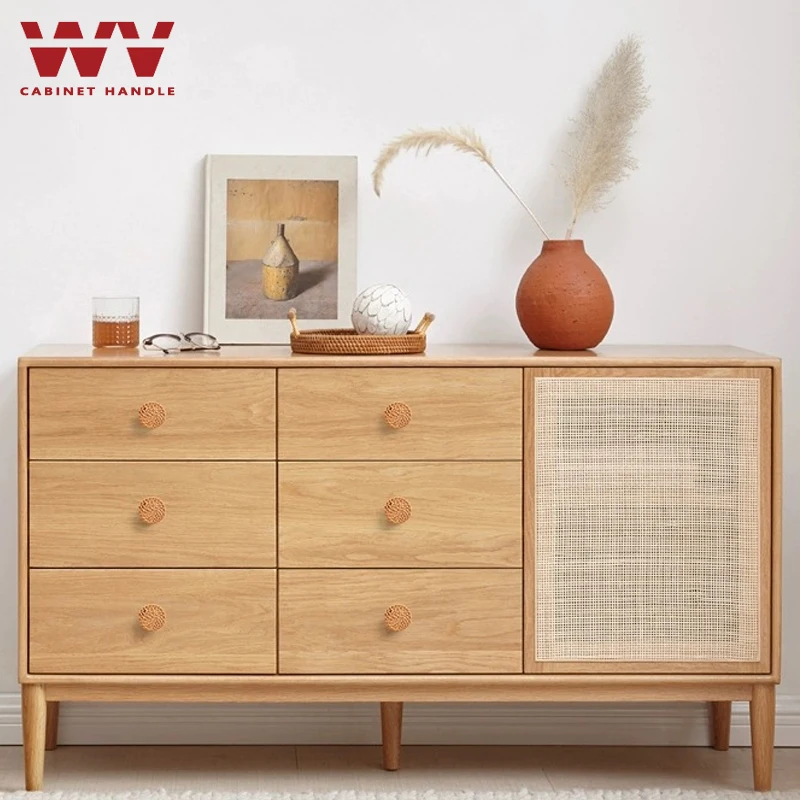 WV Wooden Rattan Dresser Knobs Kit Round Decorative Furniture Pull Handles Multipurpose Woven Drawer Pulls for Bedside Tables - Image 6