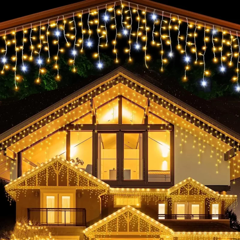 Christmas Decorations Festoon Led Icicle Curtain Lights Outdoor Warm White With White Flash Fairy Light Clear Wire New Year 2025