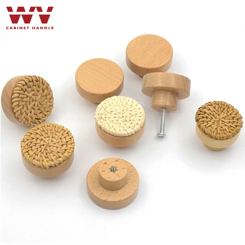 WV Wooden Rattan Dresser Knobs Kit Round Decorative Furniture Pull Handles Multipurpose Woven Drawer Pulls for Bedside Tables - Image 3