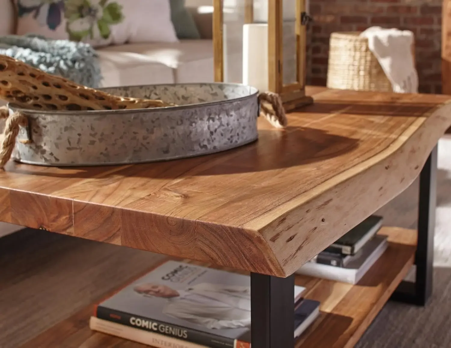 Natural Wood Live Edge Coffee Table w/ Metal Strap Legs Brown Black Metal Accents Unique Imperfections Clear Natural - Image 5