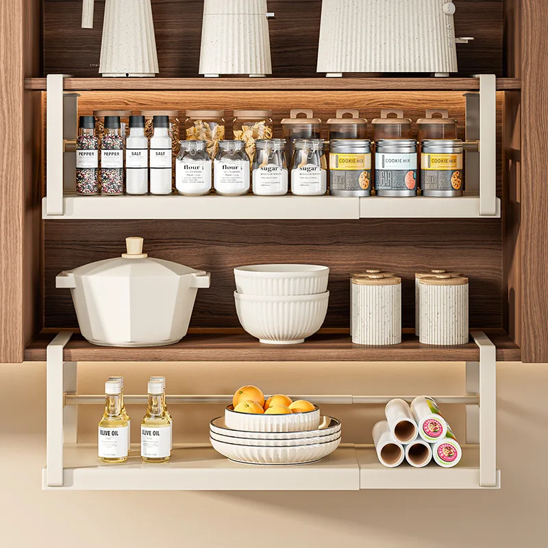 Expandable Cabinet Storage Shelf Layered Spice Hanging Rack Kitchen Counter Organizers Shelves Under Cabinet Retractable Basket