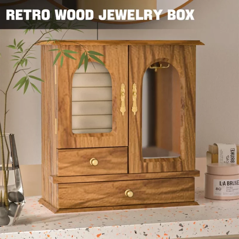 Jewelry Storage Box Jewelry Box,Made of Solid Wood with 3 Drawers Organizer and Built-in Necklace Carousel and Large Mirror