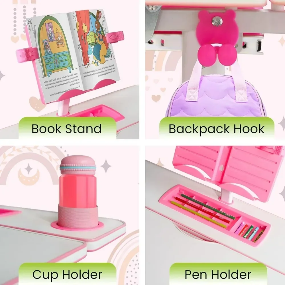 Kids Desk and Chair Set for Ages 4-12, Height Adjustable Children's Study Table, Student School Desks with Lamp, Pencil Case - Image 4