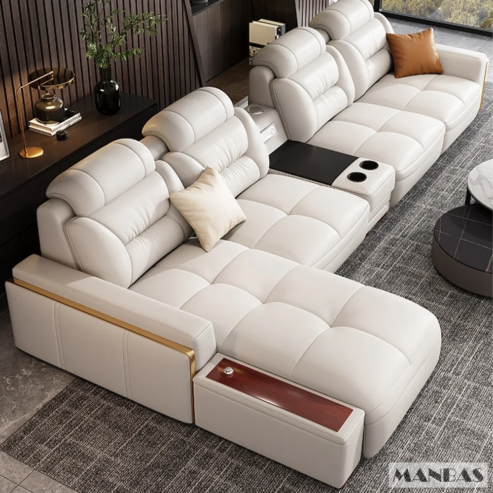 Premium Italian Genuine Leather Sectional Sofa Sets Couch Sofas with USB and Bluetooth Speaker - MANBAS Living Room Furniture - Image 2