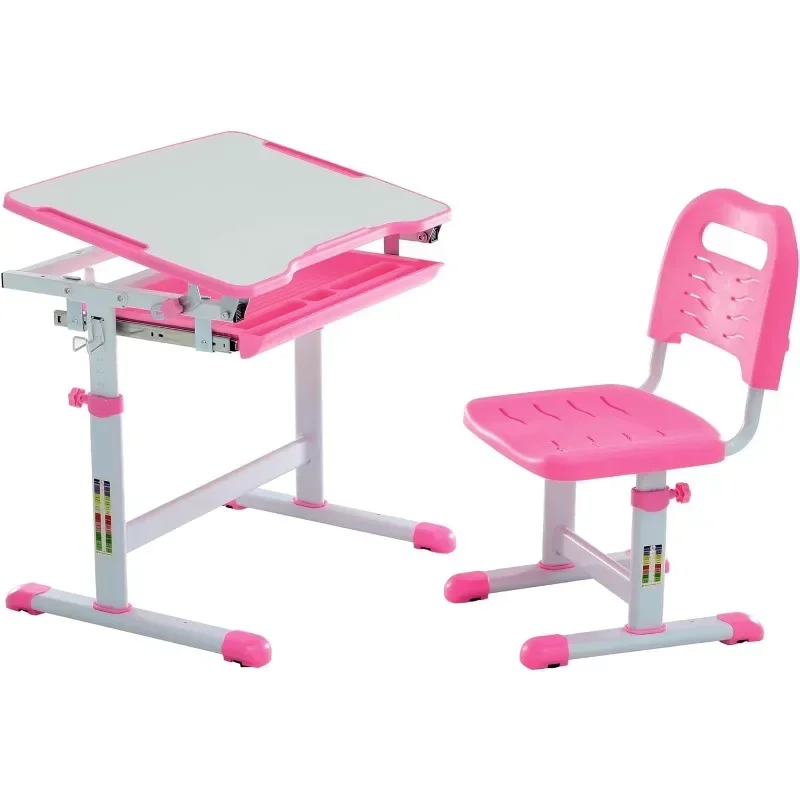 Multifunctional Desk and Chair Set, Height Adjustable Children School Study Desk with Large Tilt Desktop, Metal Hook