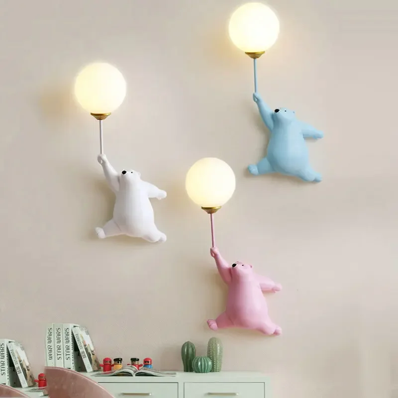 Cartoon Balloon Bear Wall Lamp for Children Room Kids Baby Bedroom Bedside Wall Light with 3D Printing Moon Wall Sconce Lighting