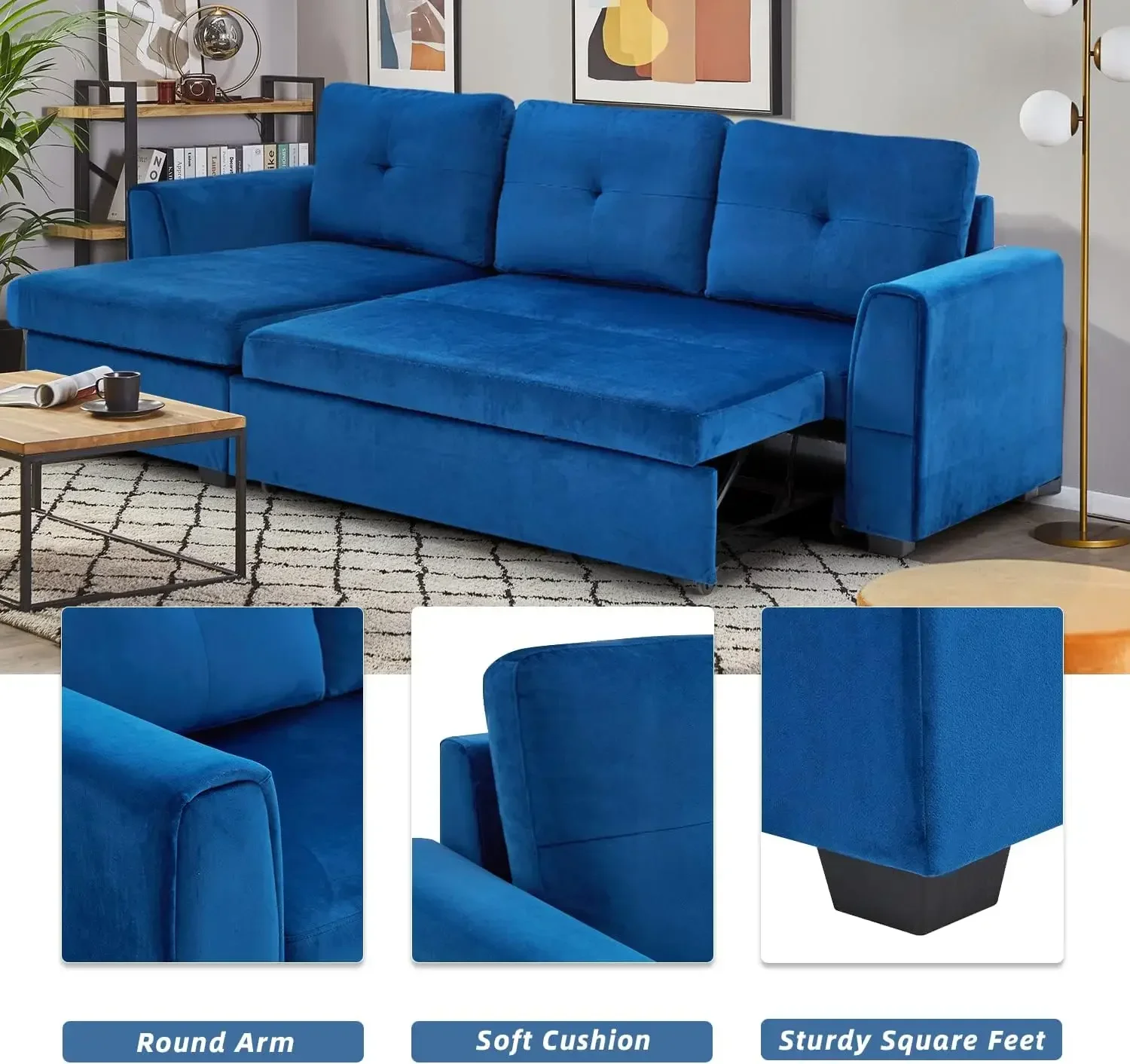 Sectional Sleeper Sofa, Flannel Pull Out Bed with Removable Chaise Longue, 3Seater Sofa Bed with Storage Ottoman for Living Room - Image 3