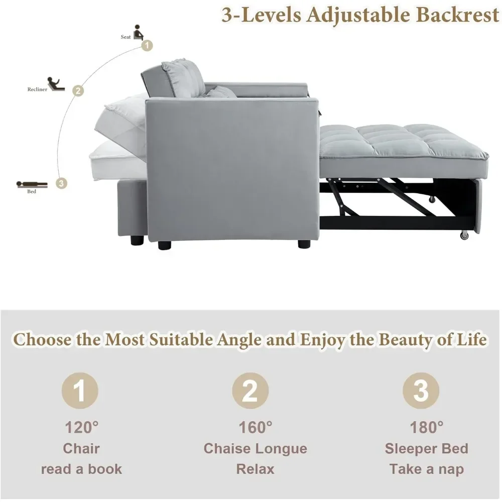 Sofa Bed,3-in-1 Multi-Functional Velvet Sleeper Couch Pull-Out Bed, 48''Chaise Lounge Adjustable Backrest Pillows,Small Space - Image 6