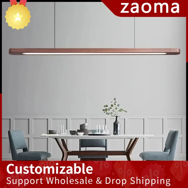 Wood Long Strip Dining Table Lamp Wooden Pendant Light LED Ceiling Chandelier Pendant Light Oval Hanging Lamp for Dining Table