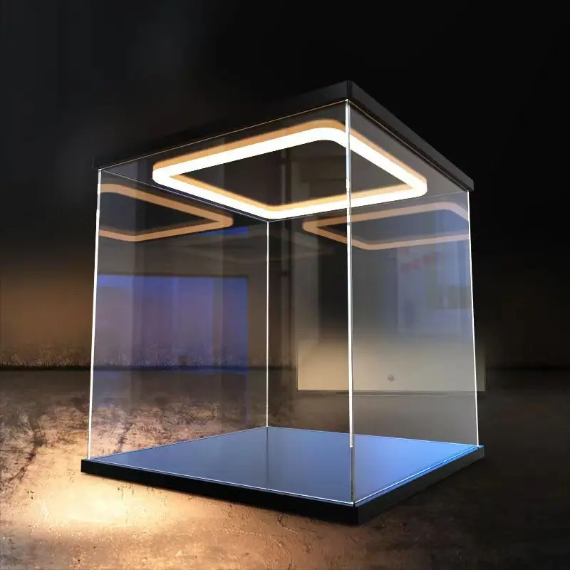 Ring LED Light Acrylic Display Case with Door for Action Figure, Assemble Dust Storage Box for Collections, Car Model Showcase