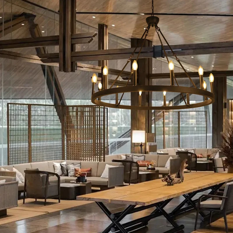 America Retro Industrial Iron Round Led Pendant Black Metallic Hanging Living Room Cafe Restaurant Decoration Suspend Chandelier - Image 3