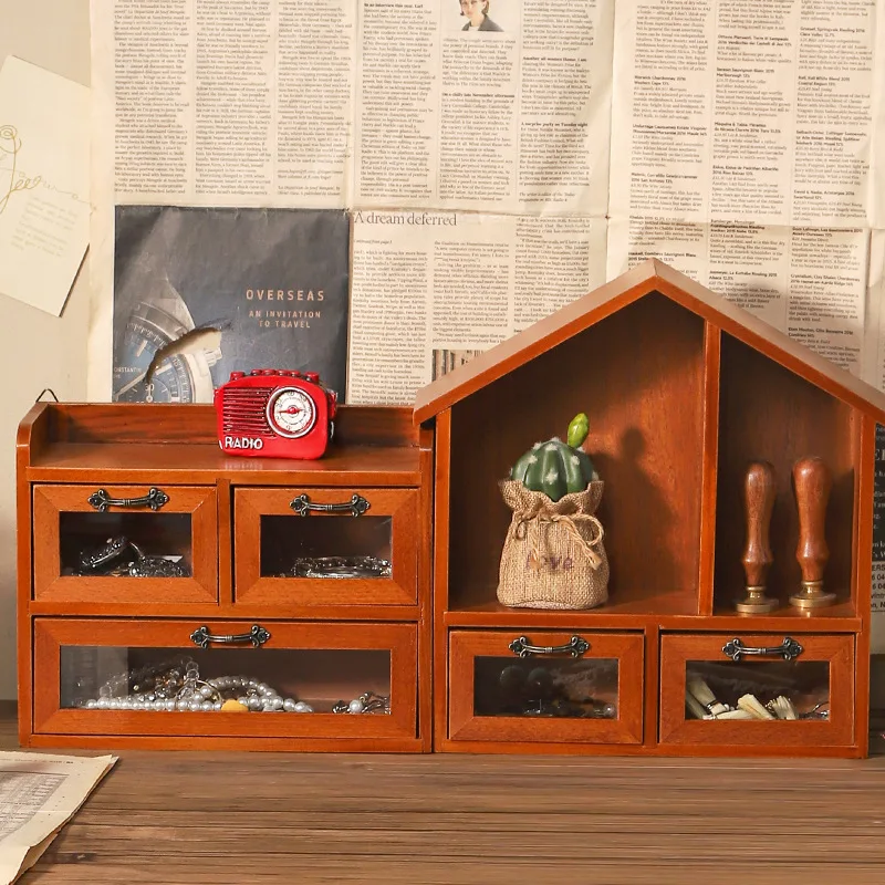 Desk Storage Drawer Retro Wooden Desktop Cosmetic Jewelry Organizer Multi-layer Dollhouse Furniture Figure Display Box Cabinet - Image 2