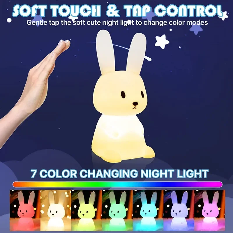 Night Light for Kids Room Cute Bunny Lamp Gifts for Nursery Girls Boys Toddler Kawaii Room Decor USB Silicone Rabbit Night Light - Image 3
