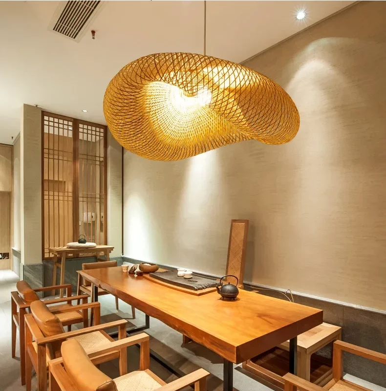 HandMade Vintage Bamboo Weaving LED Pendant Light Home Hanging Chandelier Lighting Living Room Kitchen Rattan Woven Lamp