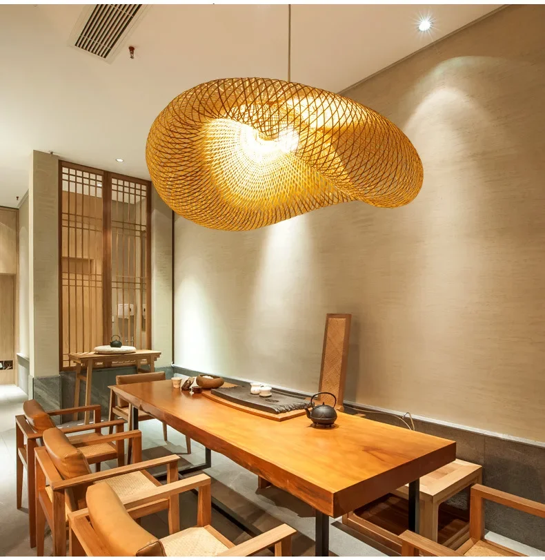 HandMade Vintage Bamboo Weaving LED Pendant Light Home Hanging Chandelier Lighting Living Room Kitchen Rattan Woven Lamp