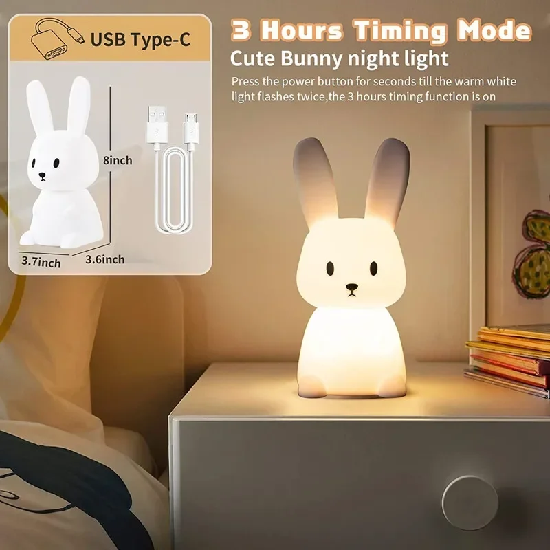 Night Light for Kids Room Cute Bunny Lamp Gifts for Nursery Girls Boys Toddler Kawaii Room Decor USB Silicone Rabbit Night Light - Image 4