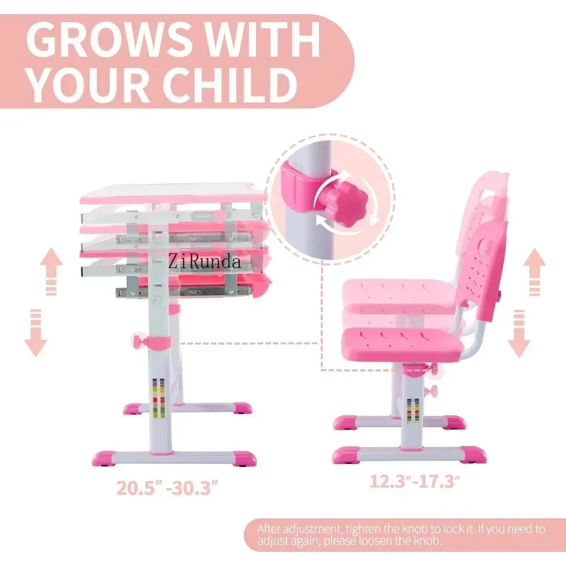 Multifunctional Desk and Chair Set, Height Adjustable Children School Study Desk with Large Tilt Desktop, Metal Hook - Image 3