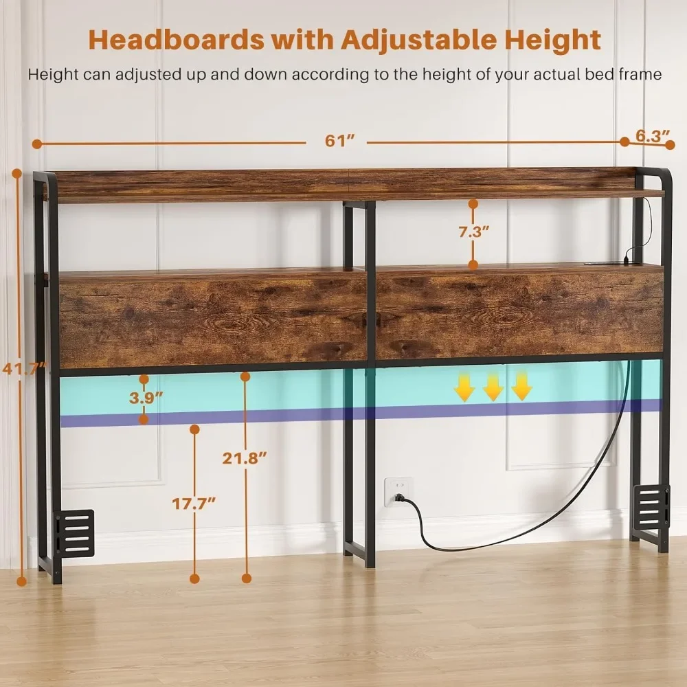 Queen Size Headboard with Outlets, USB Ports and LED Light, HeadBoards with Storage, Headboard for Queen Size Bed Frame - Image 6