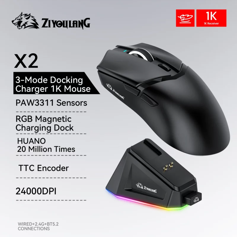 X2 Wireless Mouse,24000DPI PAW3311 BT/2.4G/wired Tri-mode Mouse Ultra-light Magnetic Charging Dock Gaming Mouse