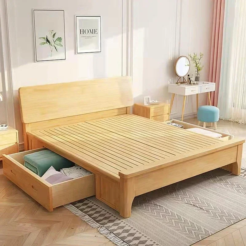 Minimalist Couple Bed Wood Modern Queen Size Hotel Bedroom Bed Lounge Luxury Camas Y Muebles Para El Hogar Home Furniture - Image 3