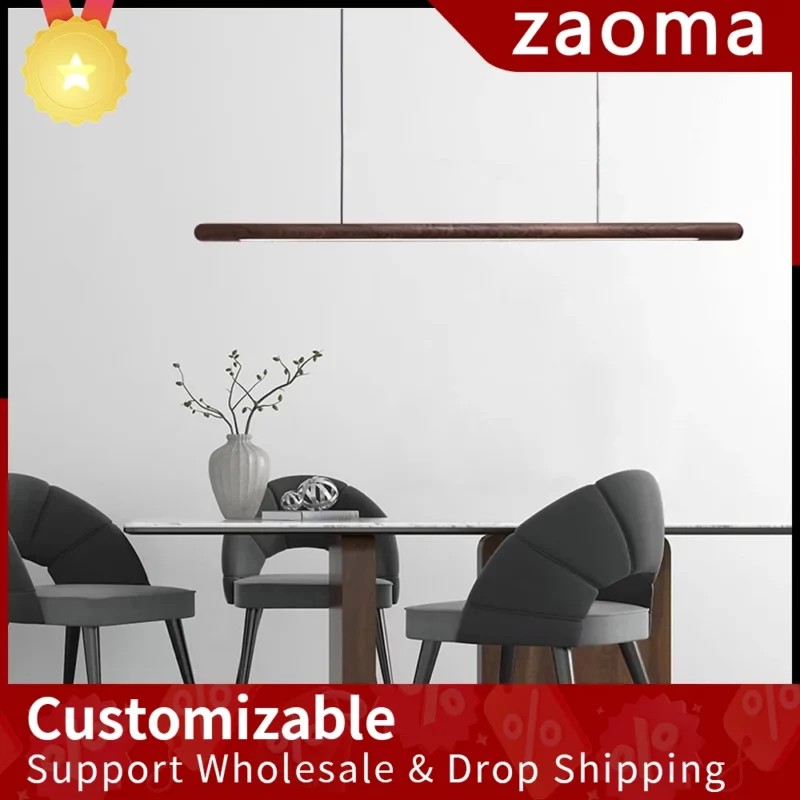 Solid Wood Hanging Lamp Nordic LED Wood Pendant Light Modern Table Long Linear Light Round Hanging Fixtures for Kitchen Island