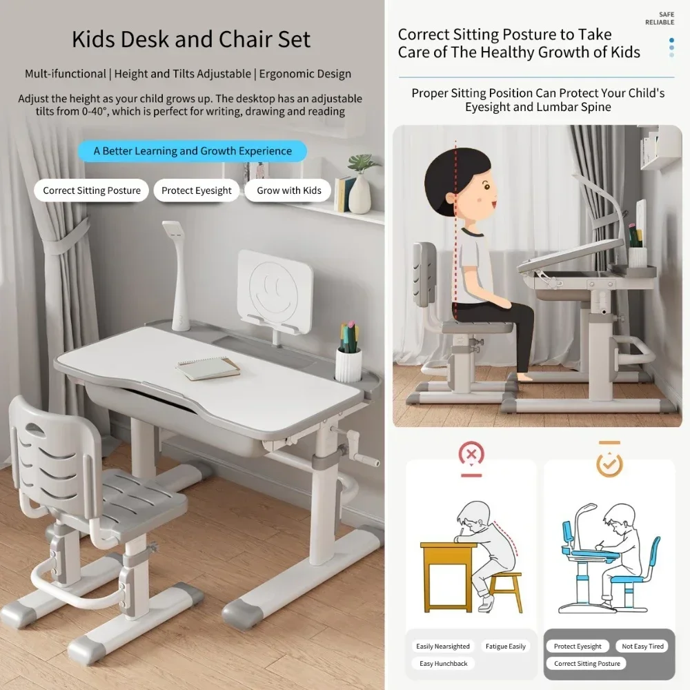 Kids Study Desk and Chair Set Height Adjustable, Children School Writing Functional Study Table with Drawers Lamp Bookstand - Image 2