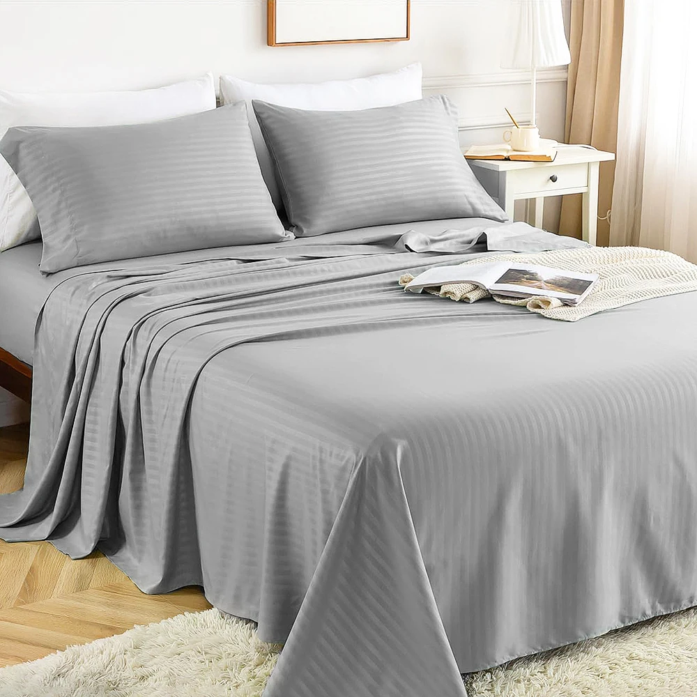 Battilo Bed Sheets 4 Pieces Set Luxury Fitted&Flat Sheet with Pillowcase Solid Stripe Bedding Set For Twin/Full/Queen/King Size - Image 2