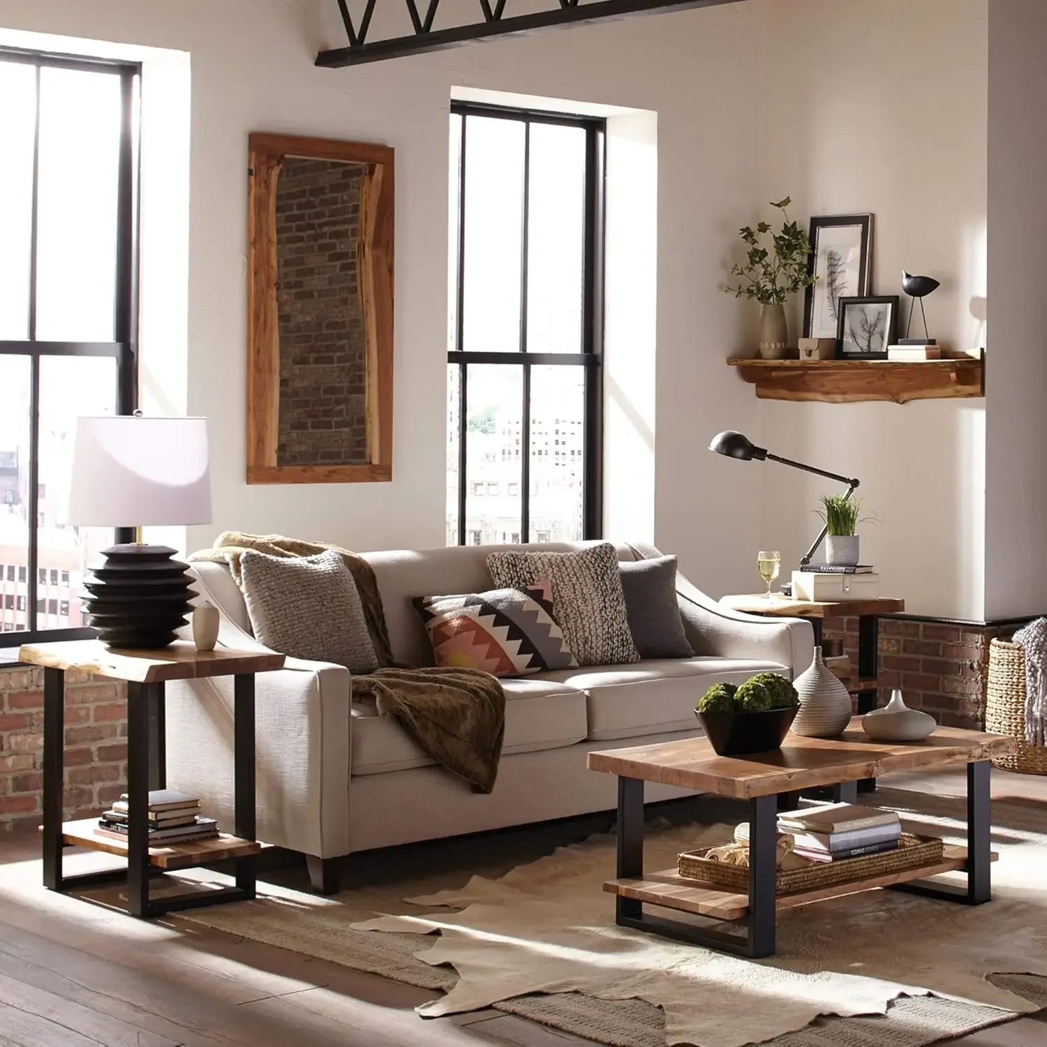 Natural Wood Live Edge Coffee Table w/ Metal Strap Legs Brown Black Metal Accents Unique Imperfections Clear Natural - Image 2