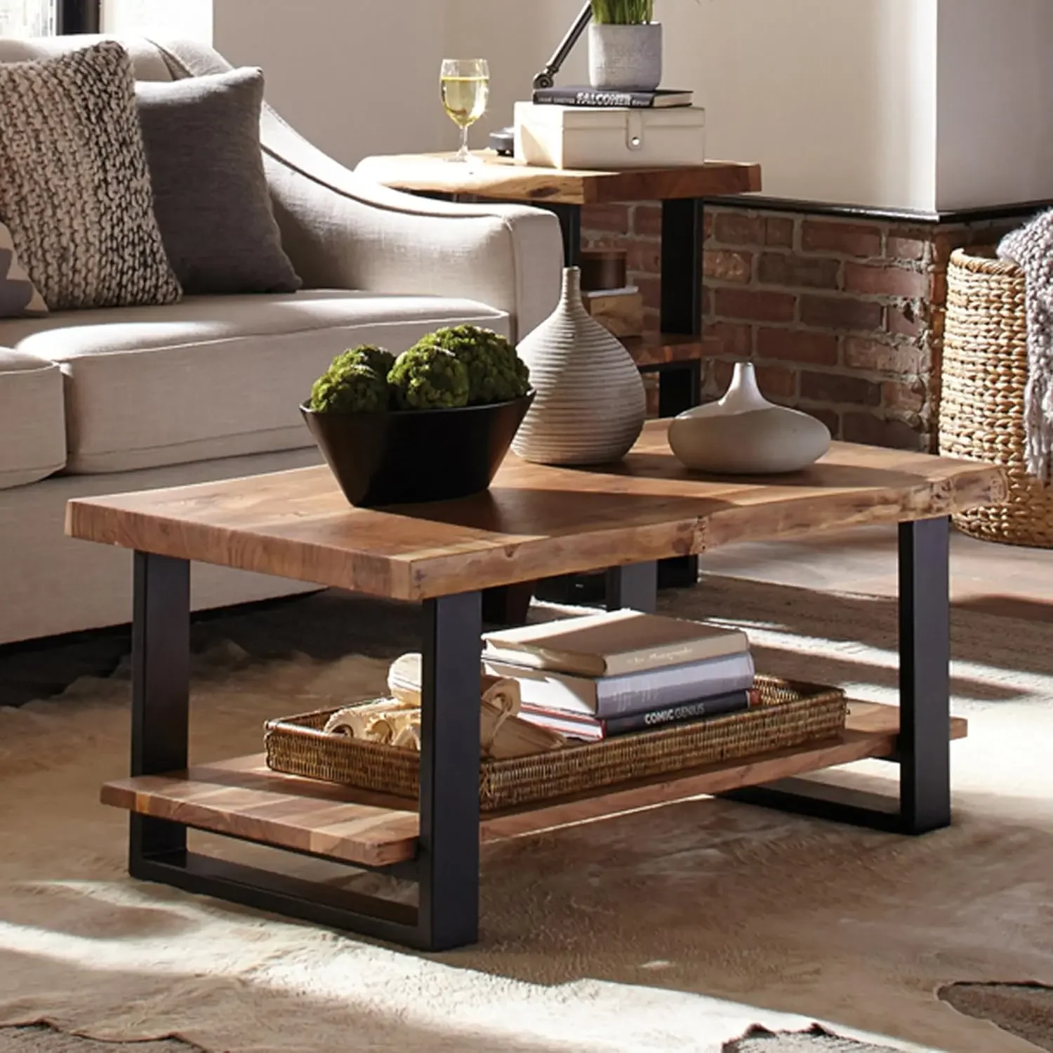 Natural Wood Live Edge Coffee Table w/ Metal Strap Legs Brown Black Metal Accents Unique Imperfections Clear Natural - Image 3