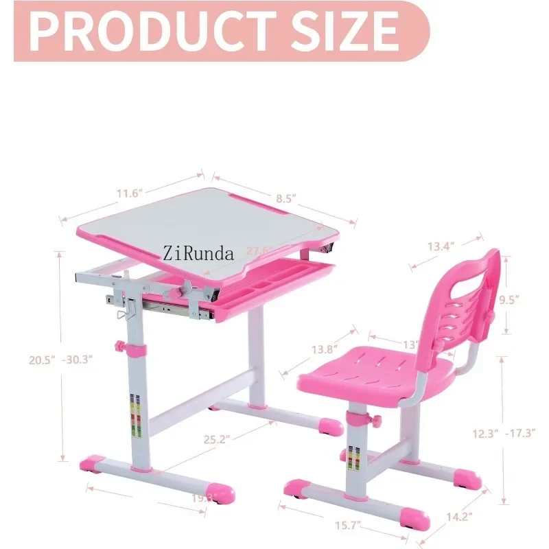 Multifunctional Desk and Chair Set, Height Adjustable Children School Study Desk with Large Tilt Desktop, Metal Hook - Image 6