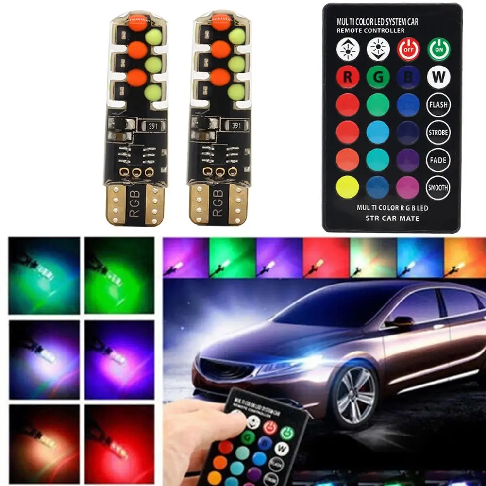 2pcs T10 W5W Led 194 168 W5W 5050 SMD Car Dome Reading Light Automobiles Wedge Lamp RGB LED Bulb With Remote Controller - Image 3