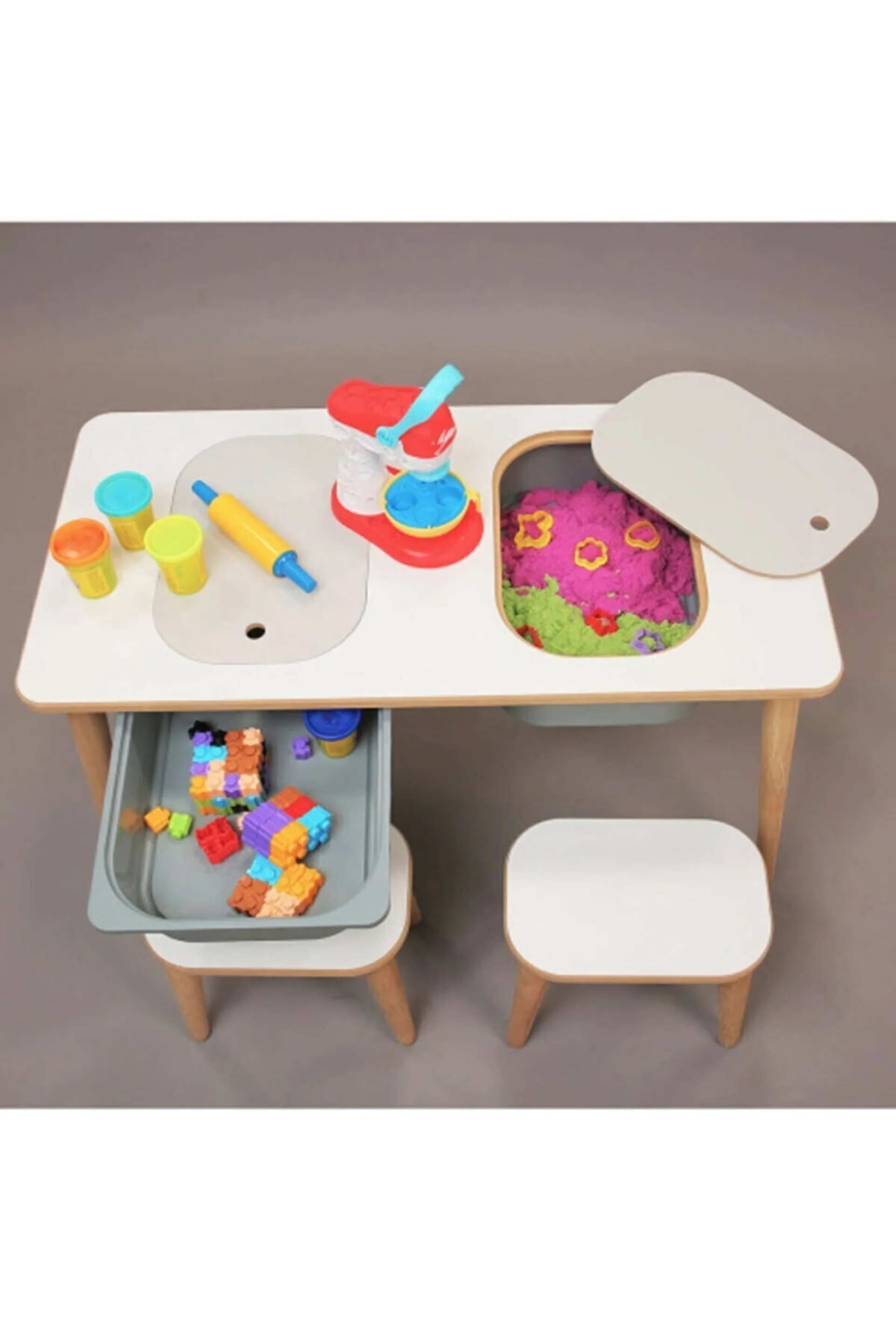 Activity Child Play Board & 2 Pcs Stool Plastic Drawer MDF Structure, Tree Feet Kids Room Desk - Image 3