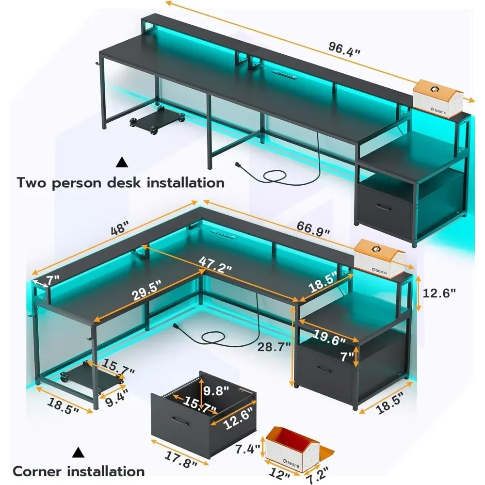 Computer Desk, L Shaped Gaming Desks, with File Drawer & Power Outlet, with Led Lights, Monitor Shelf, Computer Desk - Image 3
