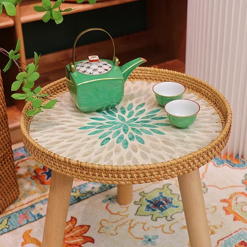 Handmade Nordic Rattan Side Table Durable Coffee Table with Natural Material Craft Easy Cleaning，Boho Accent Table