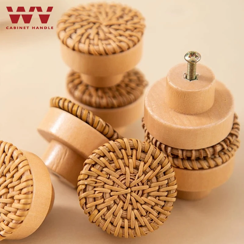 WV Wooden Rattan Dresser Knobs Kit Round Decorative Furniture Pull Handles Multipurpose Woven Drawer Pulls for Bedside Tables - Image 4