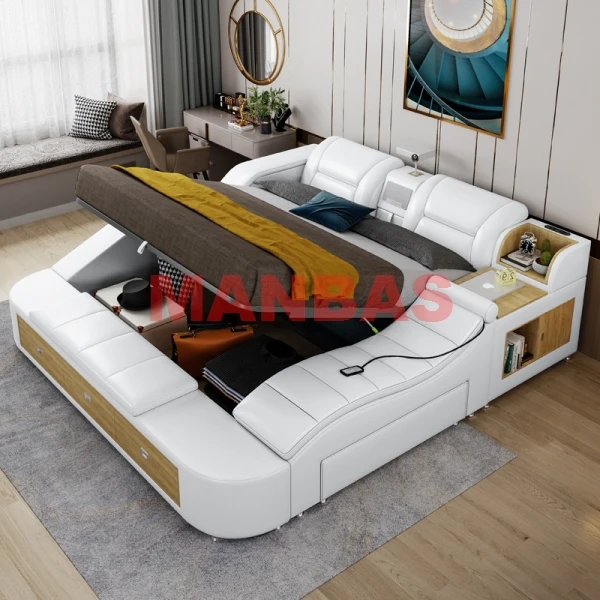 LINLAMLIM Genuine Leather Multifunctional Massage Bed Frame Ultimate Bed Tech Smart Camas Tatami Beds with Projector,Audio,Safe - Image 4