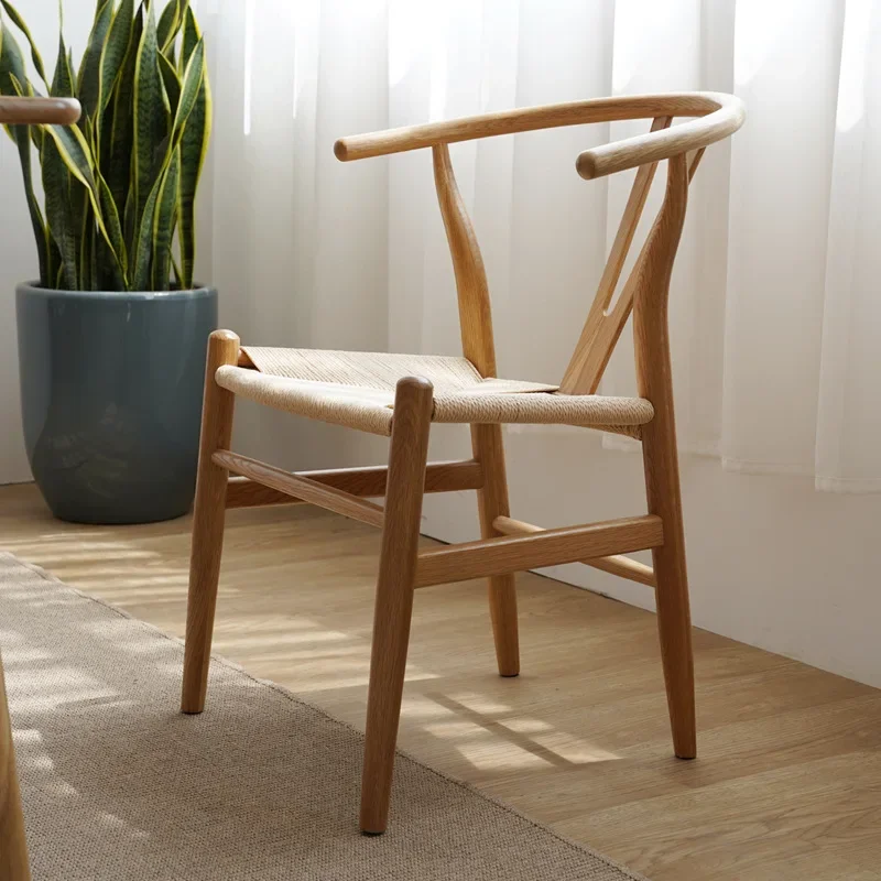 Dining Chair Oak Solid Wood Retro Backrest Dining Chair Rope Woven Hemp Portable Chairs Nordic Kitchen Modern Chairs Wooden - Image 2