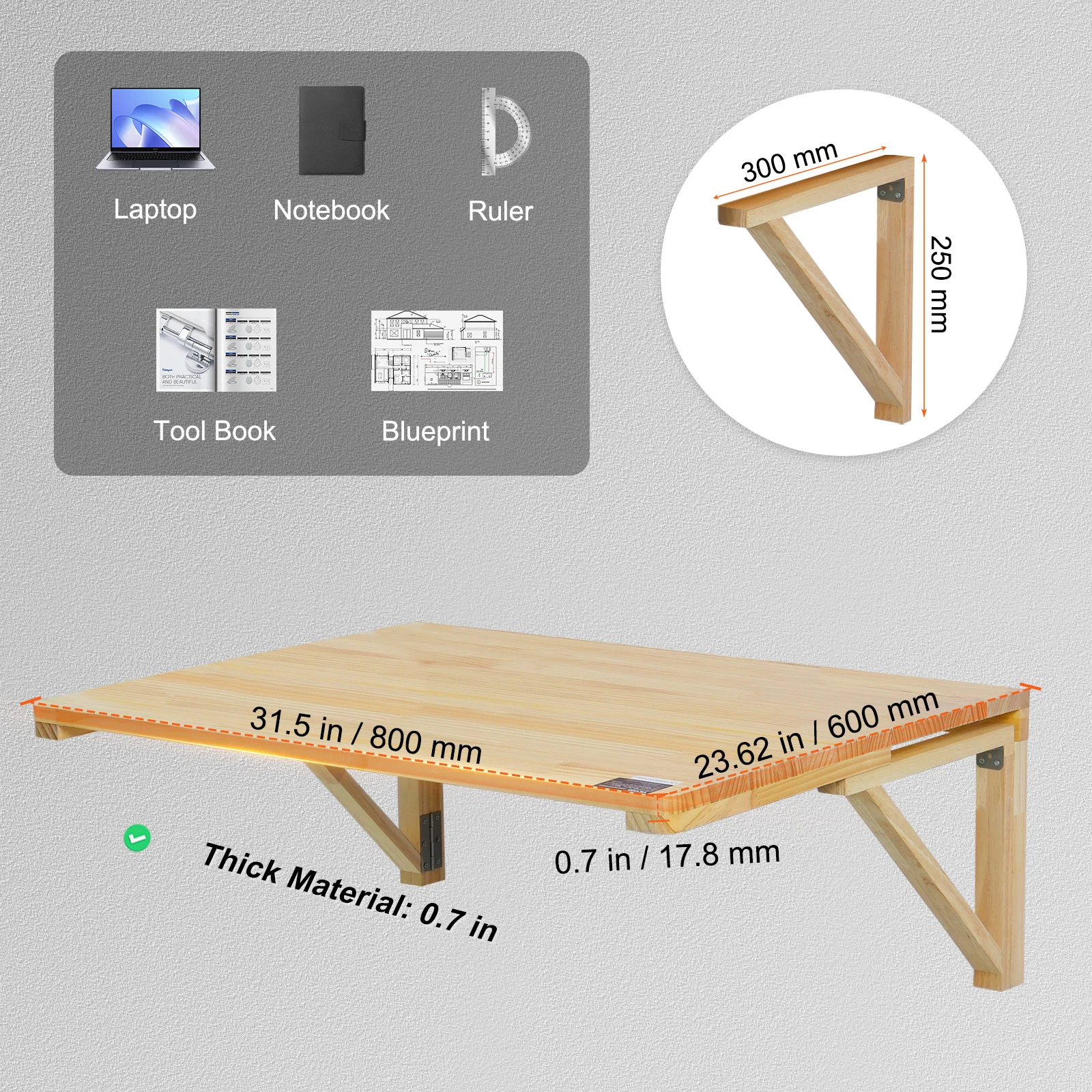 VEVOR Wall Mounted Folding Table Wooden Floating Desk with Iron Bracket Drop Leaf for Home Office Kitchen Bar Space-Saving - Image 5