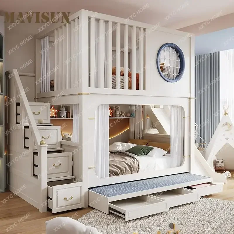 Modern High And Low Kids Bed With Ladder Cabinet Safety Fence Bunk Bed Multifunctional Solid Wood Children Bed For Boy And Girl