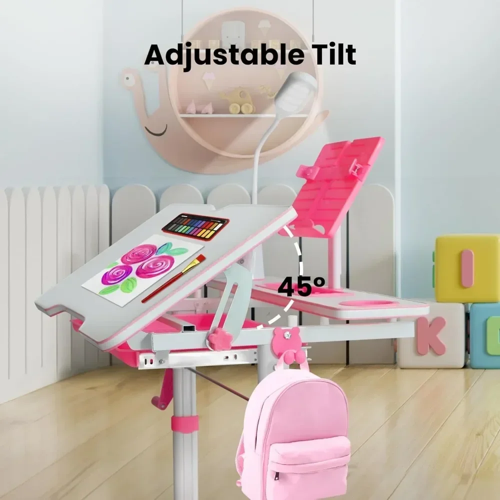 Kids Desk and Chair Set for Ages 4-12, Height Adjustable Children's Study Table, Student School Desks with Lamp, Pencil Case - Image 3