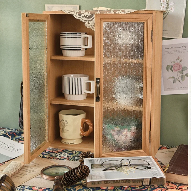 Nordic Solid Wood Retro Double Door Display Cabinet Sundry Cosmetics Storage Drawer Desktop Organizer - Image 5