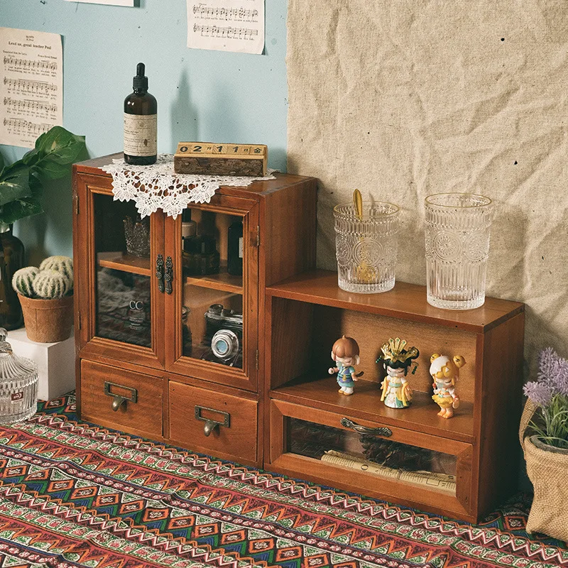 Nordic Solid Vintage Wood Double Door Display Case Sundries Cosmetics Storage Cabinet Drawer Tabletop Storage Box - Image 2
