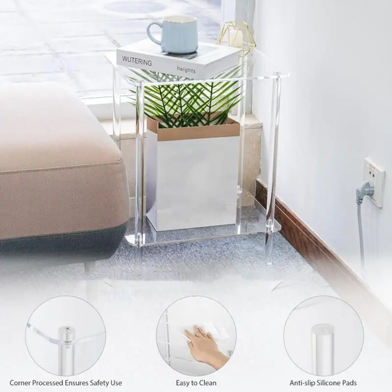 Acrylic Coffee Table Square Side Table Accent Table Sofa Bedside Table Clear Double Tier Snack Tea Side Table For Living Room - Image 3