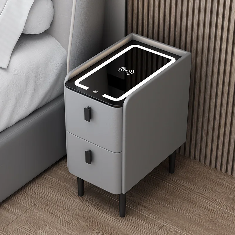 Solid Wood Bedside Table Nordic Style Smart Bedroom Nightstands with Wireless Charging USB Bluetooth Storage Cabinet - Image 2