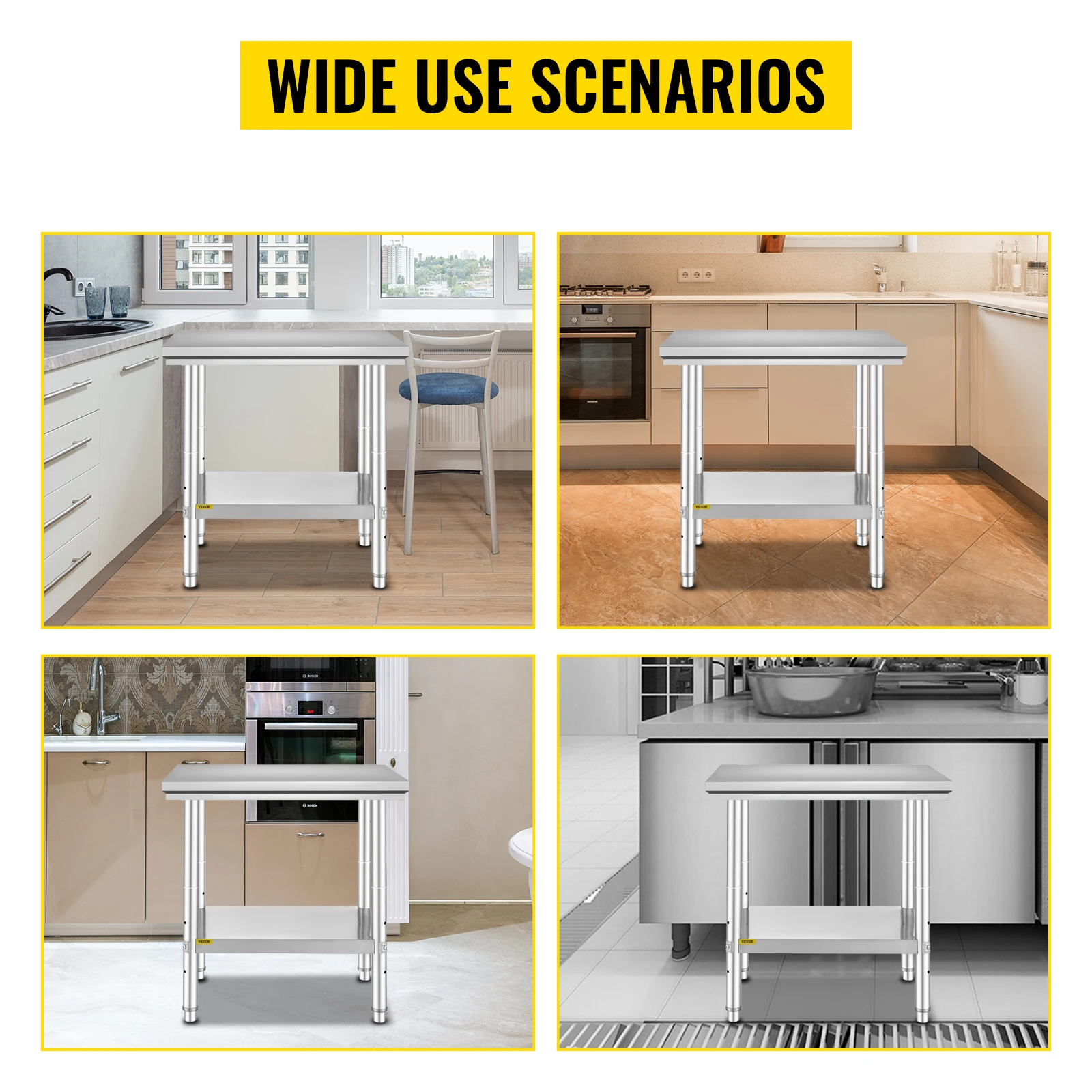 VEVOR Kitchen Work Bench Commercial Catering Table Worktable with Undershelf Stainless Steel 330LBS 286LBS for Restaurant Garage - Image 2