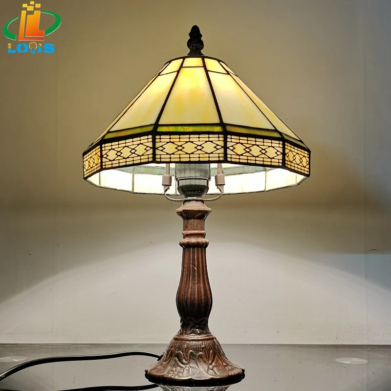 20CM Scandinavian Minimalist Geometric Mesh Small Table Lamp Tiffany Style Study Old-fashioned Glass Antique Gift Metal Base E27 - Image 4