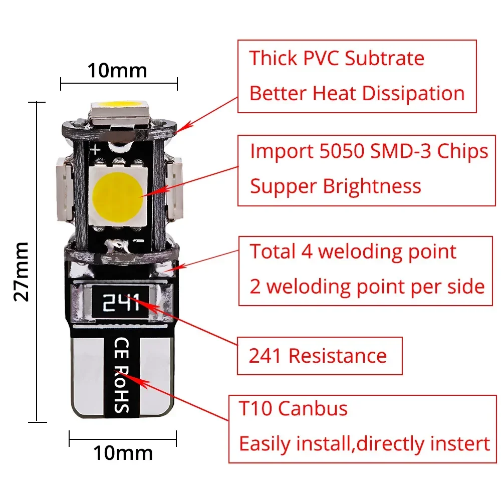 2Pcs LED Canbus 5050 5SMD Auto Lights No Error DC 12V Bulbs White Blue Red Reading Tail Lamp Door Turn Signal Marker Interior - Image 6