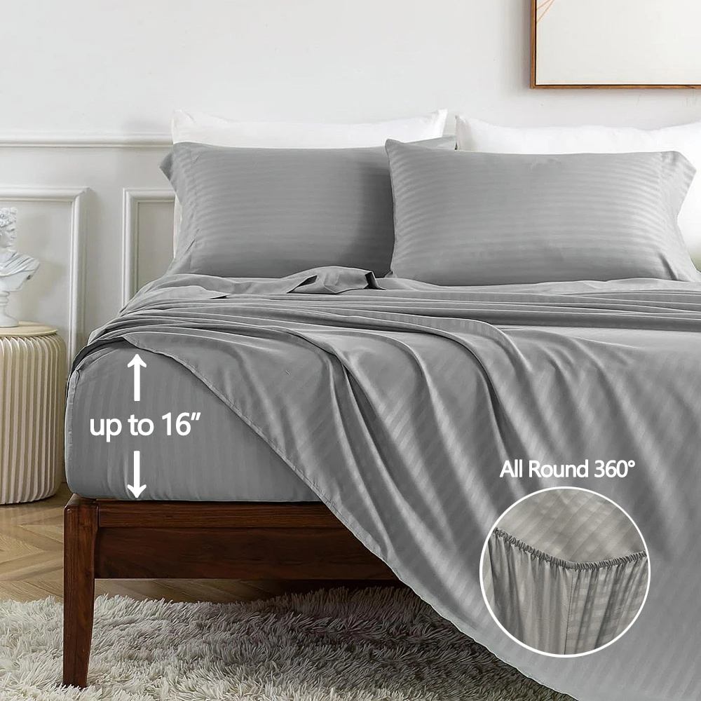 Battilo Bed Sheets 4 Pieces Set Luxury Fitted&Flat Sheet with Pillowcase Solid Stripe Bedding Set For Twin/Full/Queen/King Size - Image 3