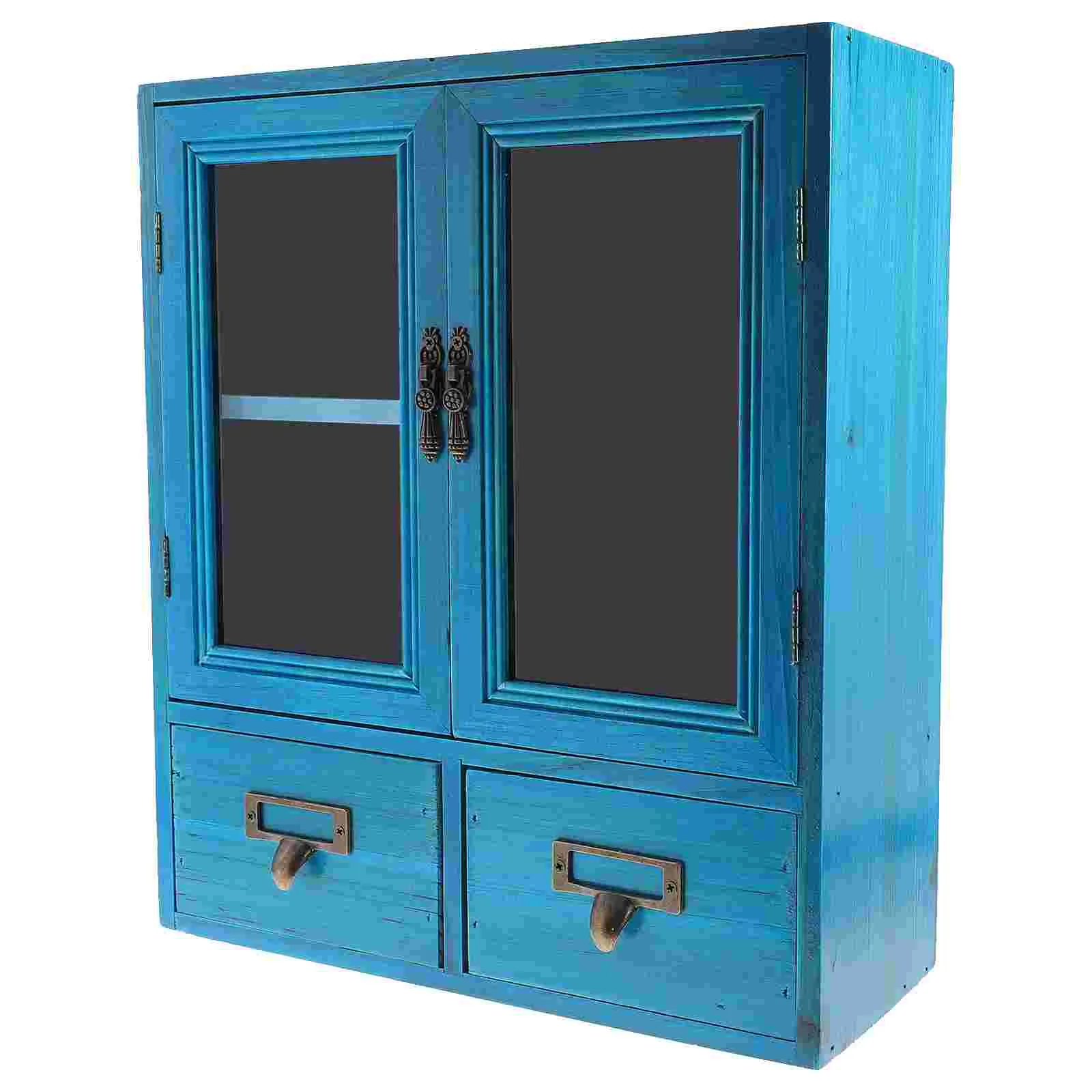 Bathroom Wall Cabinet Wooden Kitchen Storage Cabinet Wall Display Cabinet Glass Double Doors Two Small Drawers Laundry Room - Image 3